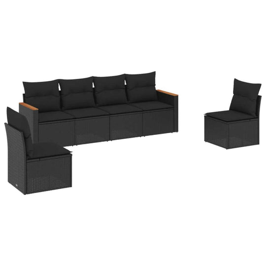6 Piece Garden Sofa Set with Cushions Poly Rattan in black with comfortable cushions for outdoor relaxation.