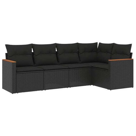 5 Piece Garden Sofa Set with Cushions Poly Rattan in black with comfortable cushions for outdoor relaxation.