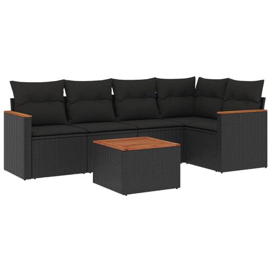 6 Piece Garden Sofa Set with Cushions Poly Rattan in black with wooden accent table