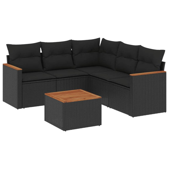 6 Piece Garden Sofa Set with Cushions  Poly Rattan featuring black cushions and stylish wooden tabletop.