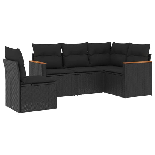 5 Piece Garden Sofa Set with Cushions Poly Rattan in black, perfect for outdoor relaxation and gatherings.