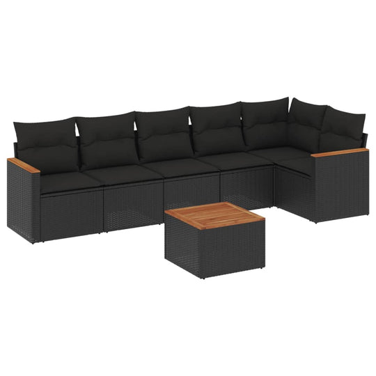 7 Piece Garden Sofa Set with Cushions Poly Rattan in black with wooden table, perfect for outdoor relaxation.