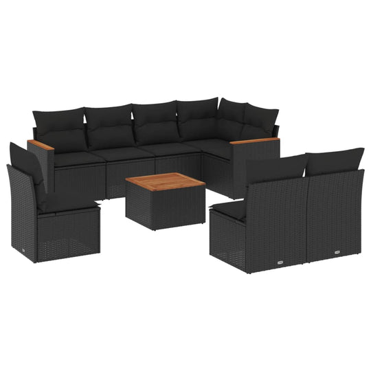 9 Piece Garden Sofa Set with Cushions Poly Rattan in black with wooden table for outdoor relaxing