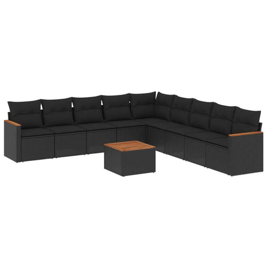 10 Piece Garden Sofa Set with Cushions  Poly Rattan in black with wooden coffee table
