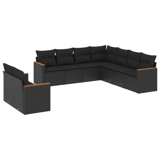 9 Piece Garden Sofa Set with Cushions Poly Rattan in black with plush cushions, ideal for outdoor relaxation.