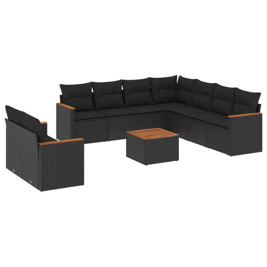 10 Piece Garden Sofa Set with Cushions Poly Rattan in black with wooden accents for outdoor relaxation