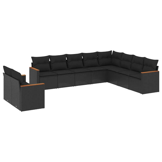10 Piece Garden Sofa Set with Cushions Poly Rattan in stylish black with comfortable seating.
