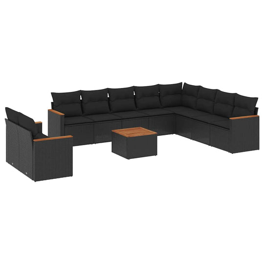 11 Piece Garden Sofa Set with Cushions Poly Rattan in stylish black with a wooden coffee table.