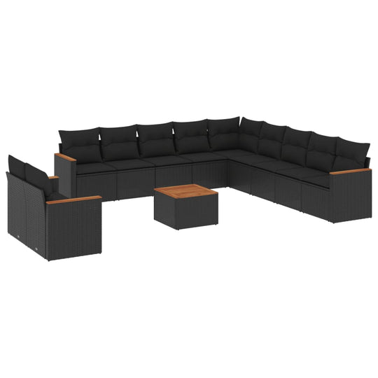 12 Piece Garden Sofa Set with Cushions Poly Rattan in black with wooden accent table for outdoor comfort