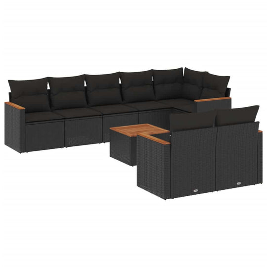 9 Piece Garden Sofa Set with Cushions Poly Rattan in black, perfect for outdoor relaxation and gatherings.