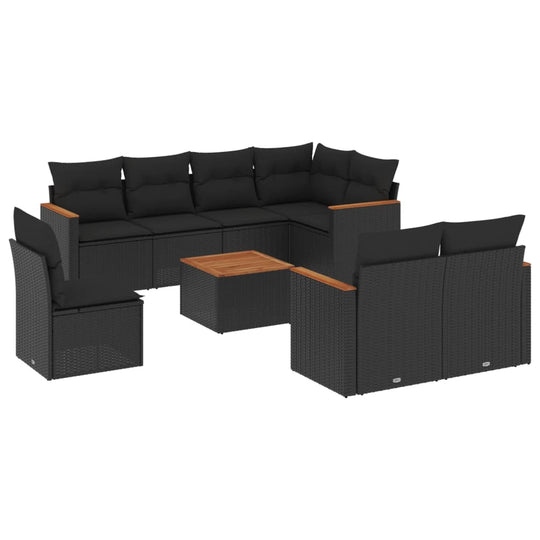 9 Piece Garden Sofa Set with Cushions  Poly Rattan in black with wooden table, ideal for outdoor relaxation.