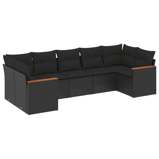 7 Piece Garden Sofa Set with Cushions Poly Rattan in black, perfect for outdoor relaxation and gatherings.