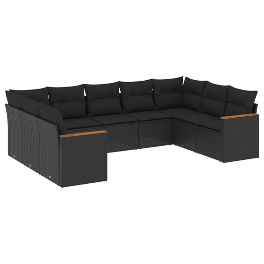 9 Piece Garden Sofa Set with Cushions Poly Rattan in stylish black with comfortable seating for outdoor relaxation.