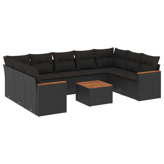 10 Piece Garden Sofa Set with Cushions Poly Rattan in modern black design for outdoor lounging.