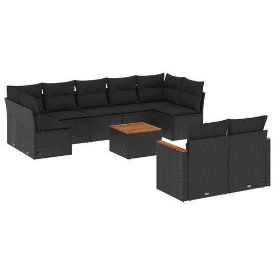 10 Piece Garden Sofa Set with Cushions Poly Rattan featuring black cushions and a wooden coffee table.