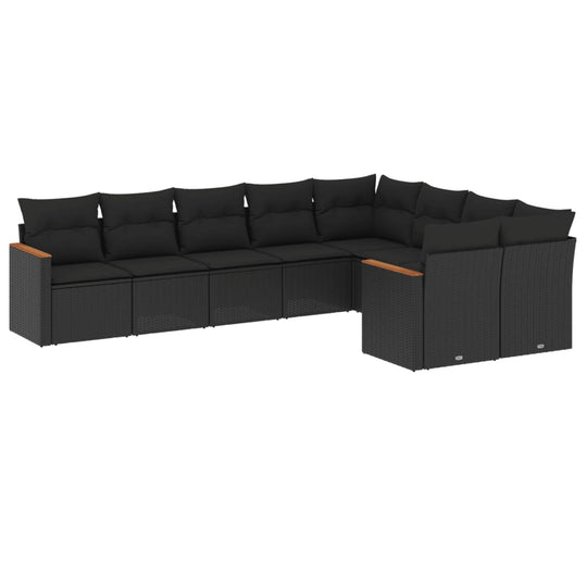 9 Piece Garden Sofa Set with Cushions  Poly Rattan in modern black design for outdoor relaxation.