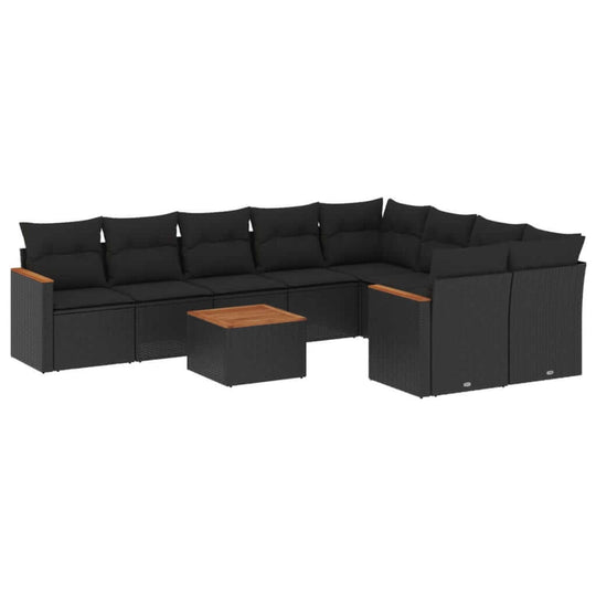 10 Piece Garden Sofa Set with Cushions Poly Rattan in black with wooden table, perfect for outdoor relaxation.