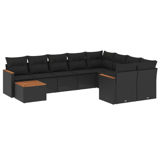 10 Piece Garden Sofa Set with Cushions Poly Rattan in black with wood accents for outdoor relaxation.