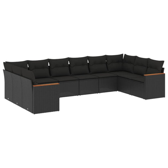 10 Piece Garden Sofa Set with Cushions Poly Rattan in black, perfect for outdoor relaxation and gatherings.