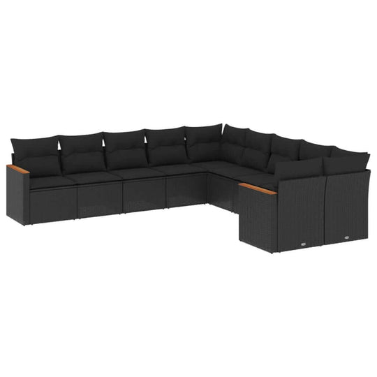10 Piece Garden Sofa Set with Cushions Poly Rattan in a stylish black design, perfect for outdoor relaxation.