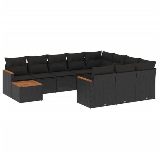 11 Piece Garden Sofa Set with Cushions Poly Rattan in stylish black with a wooden accent table.