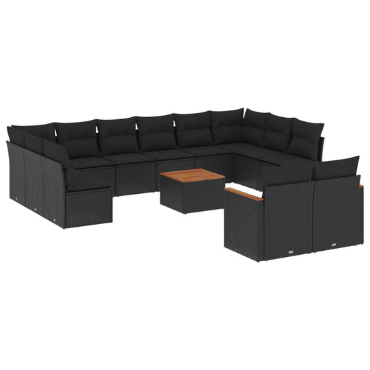 13 Piece Garden Sofa Set with Cushions Poly Rattan in black, designed for outdoor relaxation.