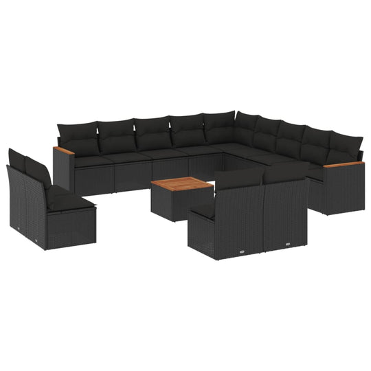 14 Piece Garden Sofa Set with Cushions Poly Rattan, featuring comfortable black cushions and elegant design.