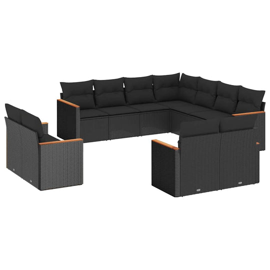 11 Piece Garden Sofa Set with Cushions Poly Rattan in black, comfortable outdoor seating arrangement.
