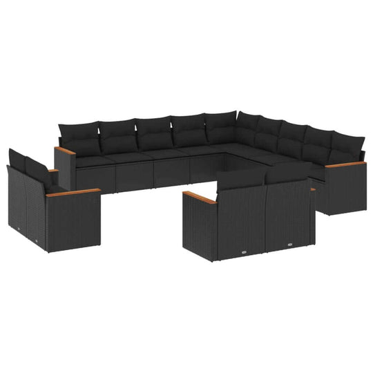 13 Piece Garden Sofa Set with Cushions Poly Rattan featuring black cushions and sleek design.