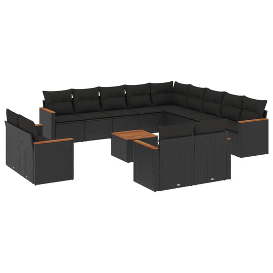 14 Piece Garden Sofa Set with Cushions Poly Rattan, black cushioned sofa with wooden table, outdoor seating.