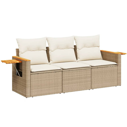 3 Piece Garden Sofa Set with Cushions Poly Rattan with stylish cushions and wooden armrests, ideal for outdoor relaxation.