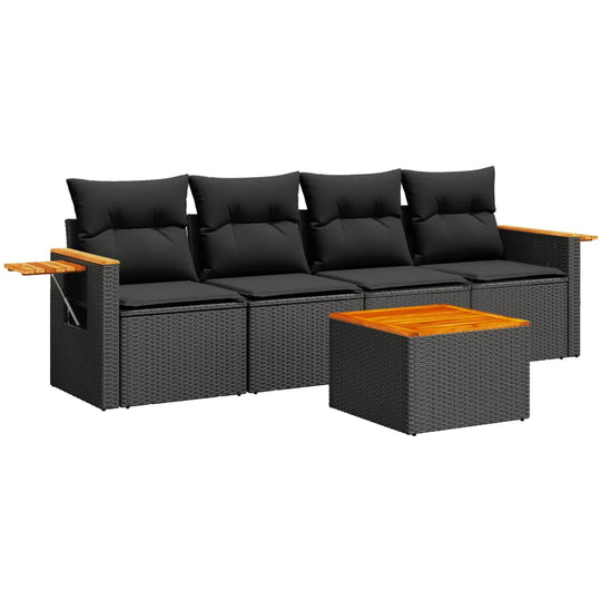 5 Piece Garden Sofa Set with Cushions Poly Rattan in black with wooden table, ideal for outdoor relaxation.