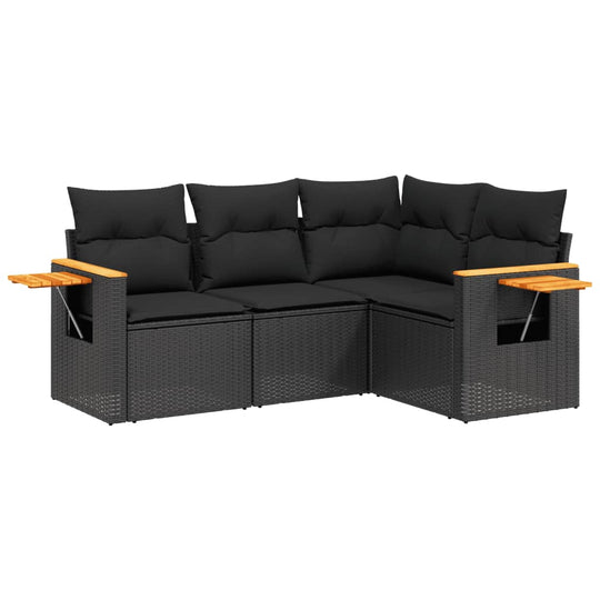 4 Piece Garden Sofa Set with Cushions Poly Rattan featuring comfortable seating and wooden armrests.