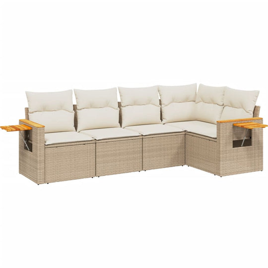 5 Piece Garden Sofa Set with Cushions Poly Rattan with beige cushions and wooden armrests.