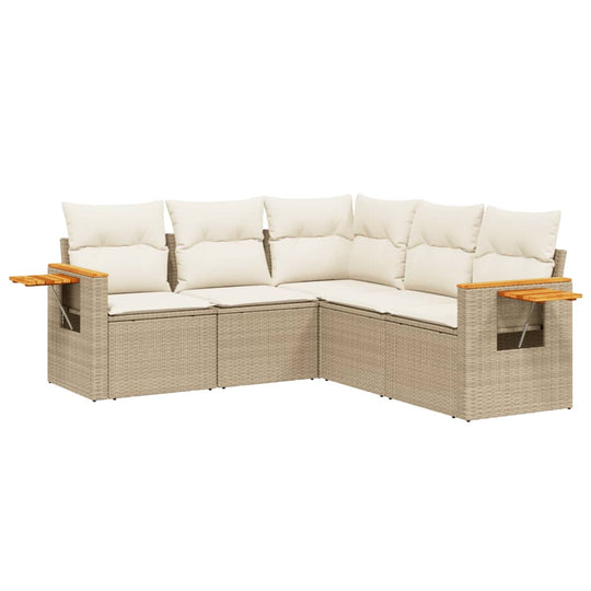 5 Piece Garden Sofa Set with Cushions Poly Rattan in light beige with wooden armrests, ideal for outdoor relaxation.
