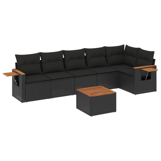 7 Piece Garden Sofa Set with Cushions Poly Rattan in black, featuring side tables and a coffee table for outdoor relaxation.