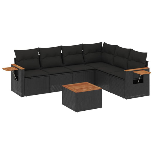 7 Piece Garden Sofa Set with Cushions Poly Rattan in a stylish black design with a wooden coffee table.