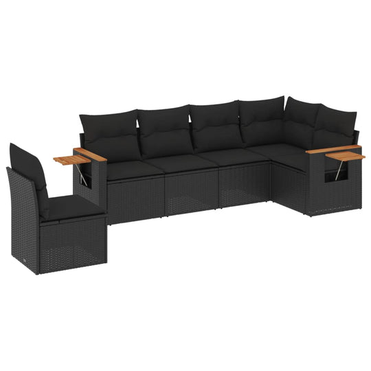 6 Piece Garden Sofa Set with Cushions Poly Rattan in a stylish black design for outdoor relaxation.