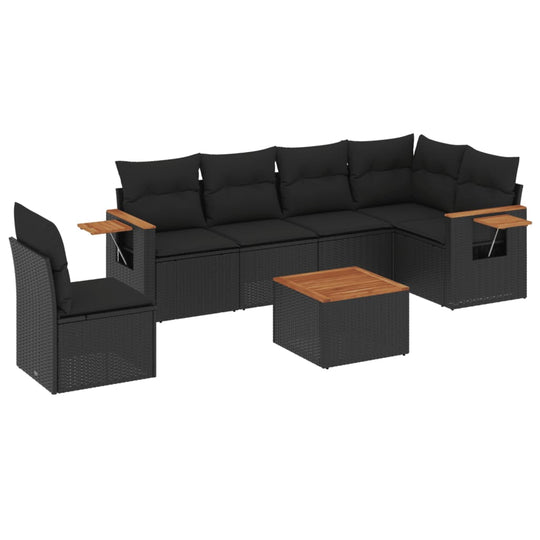 7 Piece Garden Sofa Set with Cushions  Poly Rattan featuring black cushions and a stylish wooden table.