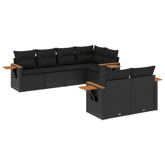 7 Piece Garden Sofa Set with Cushions Poly Rattan in black with wooden accents, perfect for outdoor relaxation.
