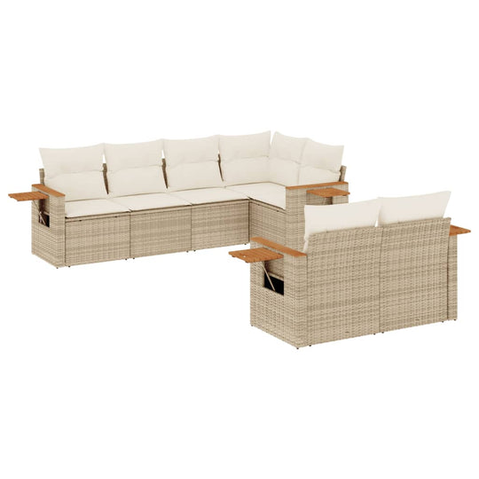 7 Piece Garden Sofa Set with Cushions Poly Rattan in beige, perfect for outdoor relaxation and gatherings.