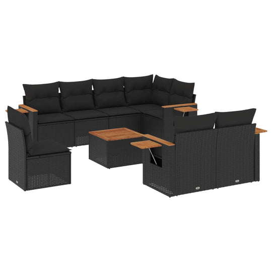 9 Piece Garden Sofa Set with Cushions Poly Rattan, featuring durable PE rattan and wooden accents for outdoor comfort.