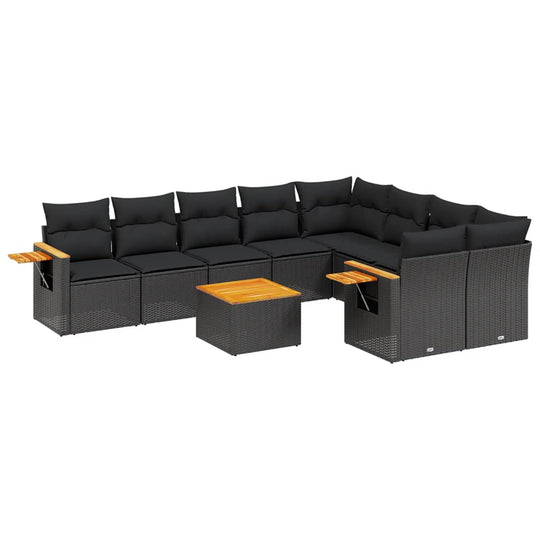 10 Piece Garden Sofa Set with Cushions Poly Rattan featuring black cushions and a wooden coffee table.