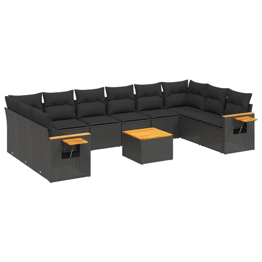 11 Piece Garden Sofa Set with Cushions Poly Rattan in black color with wooden accent table.