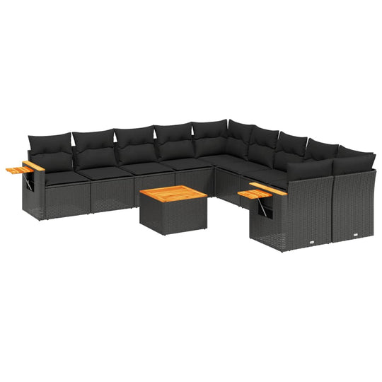 11 Piece Garden Sofa Set with Cushions Poly Rattan in black with wooden accents, perfect for outdoor relaxation.
