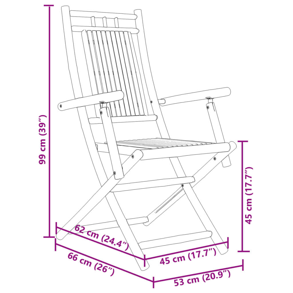 Dimensions of a bamboo folding garden chair: 99 cm height, 62 cm width, 53 cm depth, ideal for outdoor furniture and patio use.