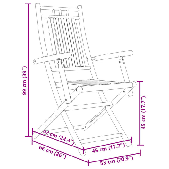 Dimensions of a bamboo folding garden chair: 99 cm height, 62 cm width, 53 cm depth, ideal for outdoor furniture and patio use.