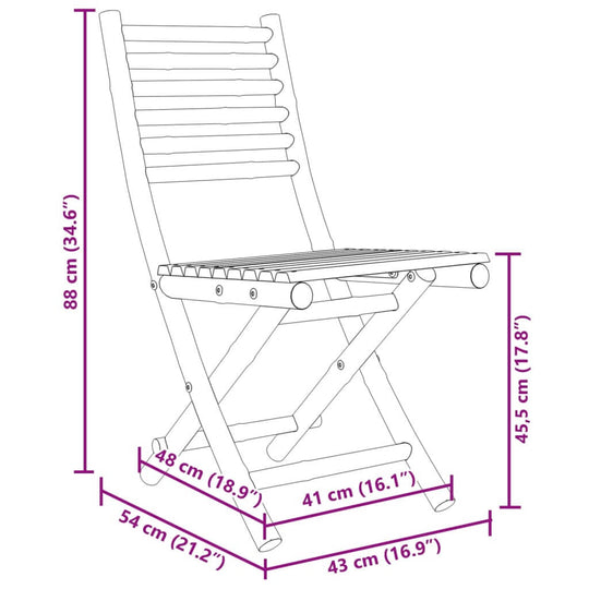 Dimensions of a bamboo folding garden chair, measuring 43x54x88 cm, suitable for outdoor furniture.