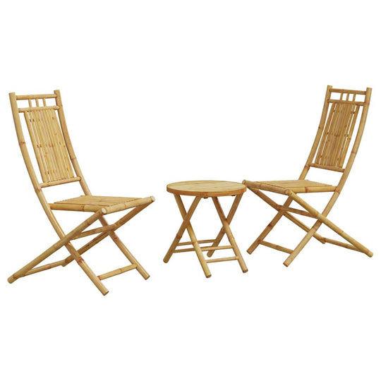 3 Piece Bistro Set Bamboo featuring two foldable chairs and a round table, perfect for outdoor garden or patio use.
