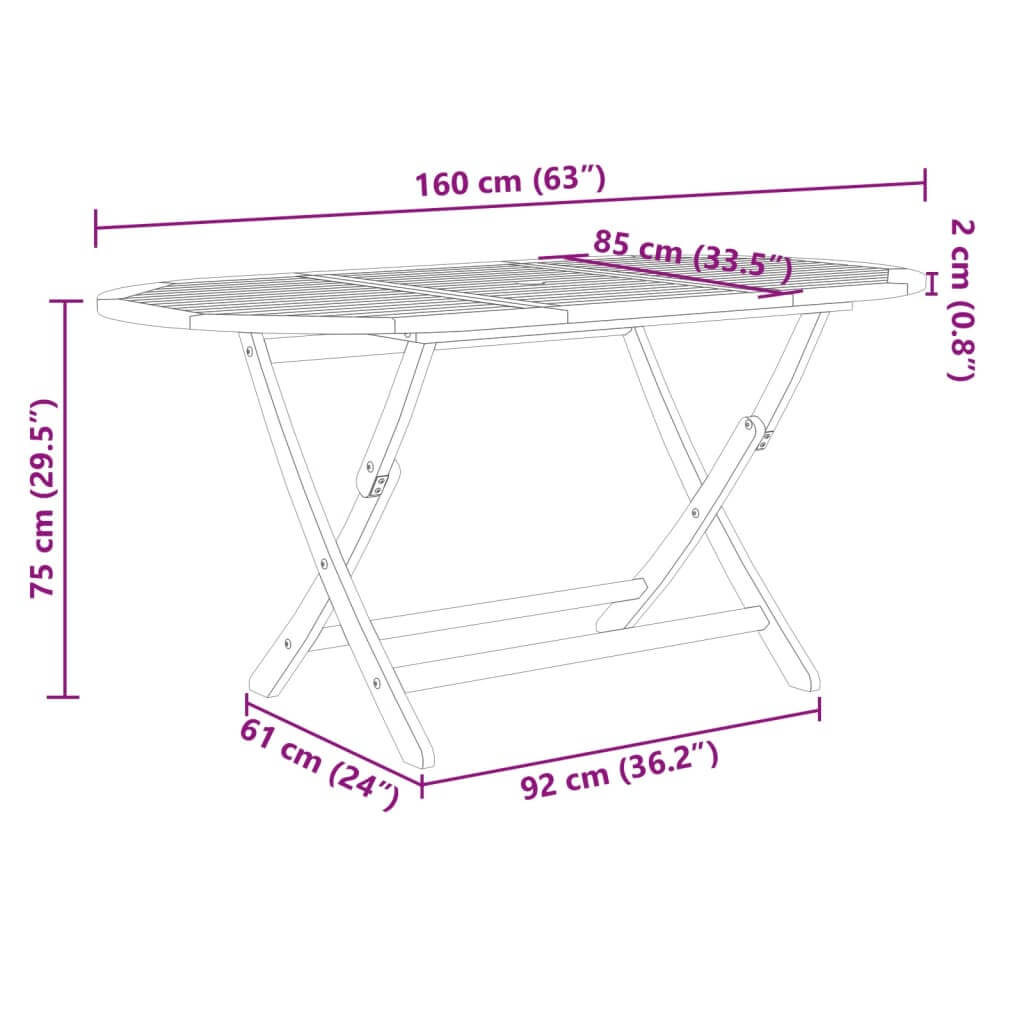 Dimensions of a foldable outdoor dining table in solid acacia wood, measuring 160 cm x 75 cm x 2 cm.